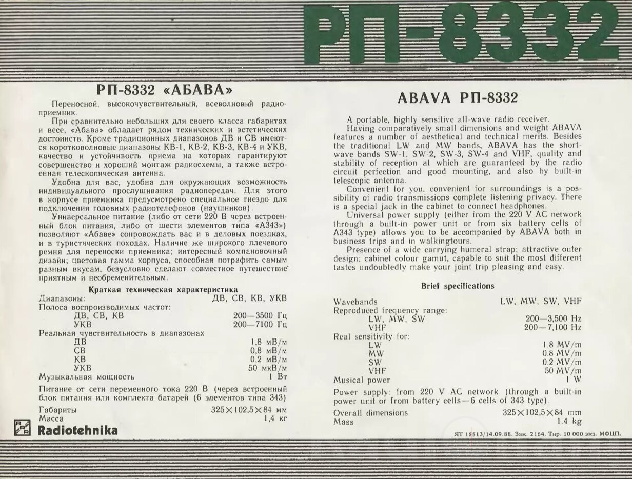 Реклама с описанием радиоприёмника Salena 215 Абава РП 8332 Image