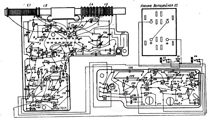 Рис. 1.106. Электромонтажная схема печатной платы радиоприемника Хазар403, (Конденсатор C1 выполнен печатным способом) Image