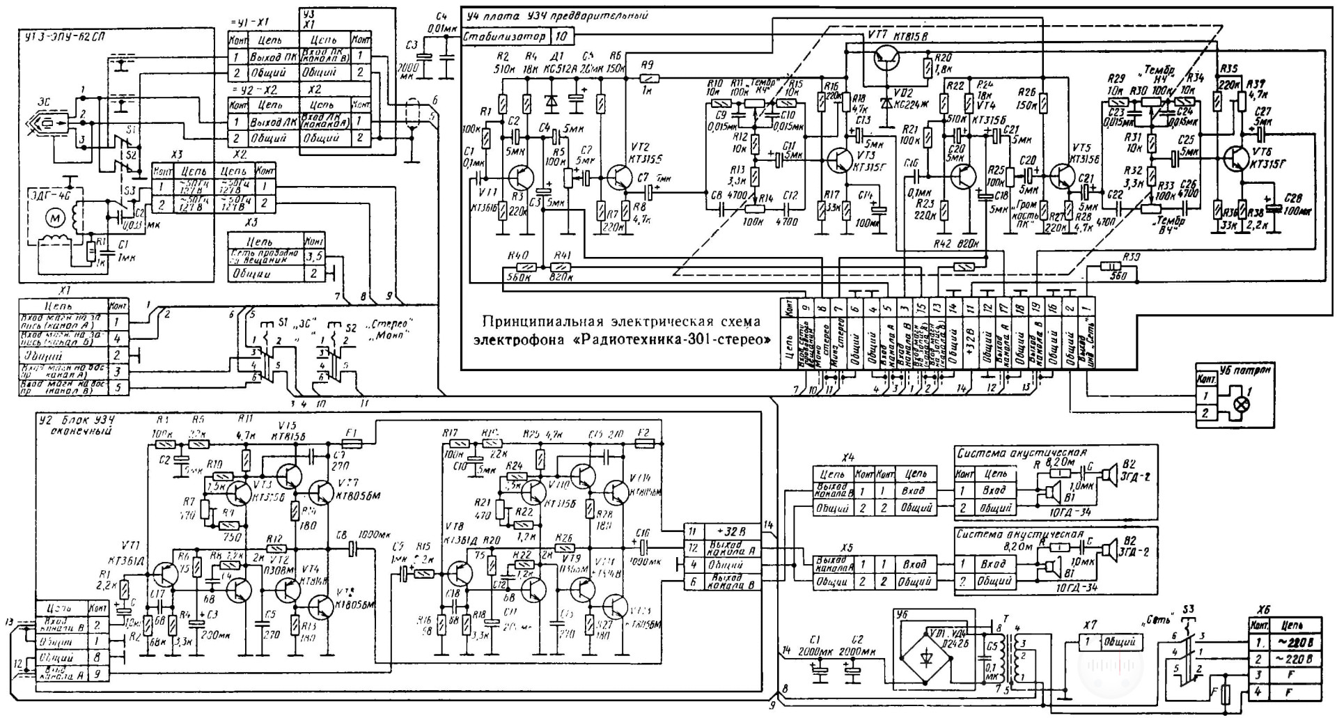 Принципиальная электронная схема электрофона Радиотехника 301 стерео Image